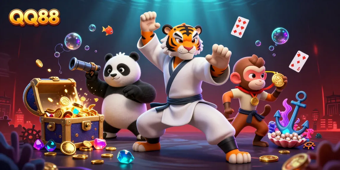 Experience thrilling adventures at QQ88 as our kung fu characters seize golden treasures in a lively casino scene.