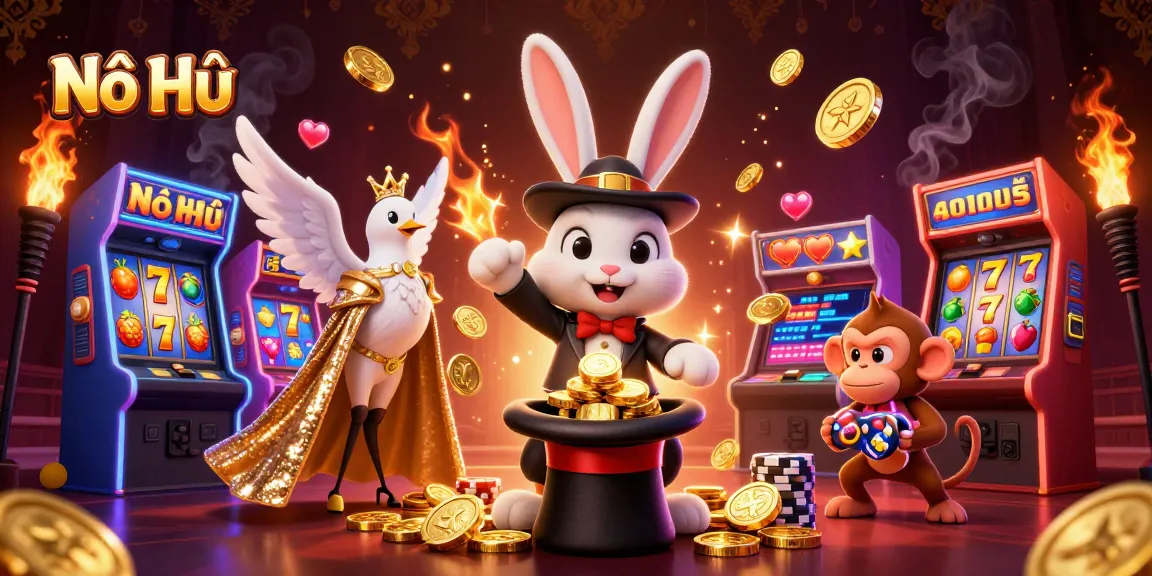Nổ Hũ: Experience the magical jackpot with a magician rabbit pulling coins in a vibrant casino scene.