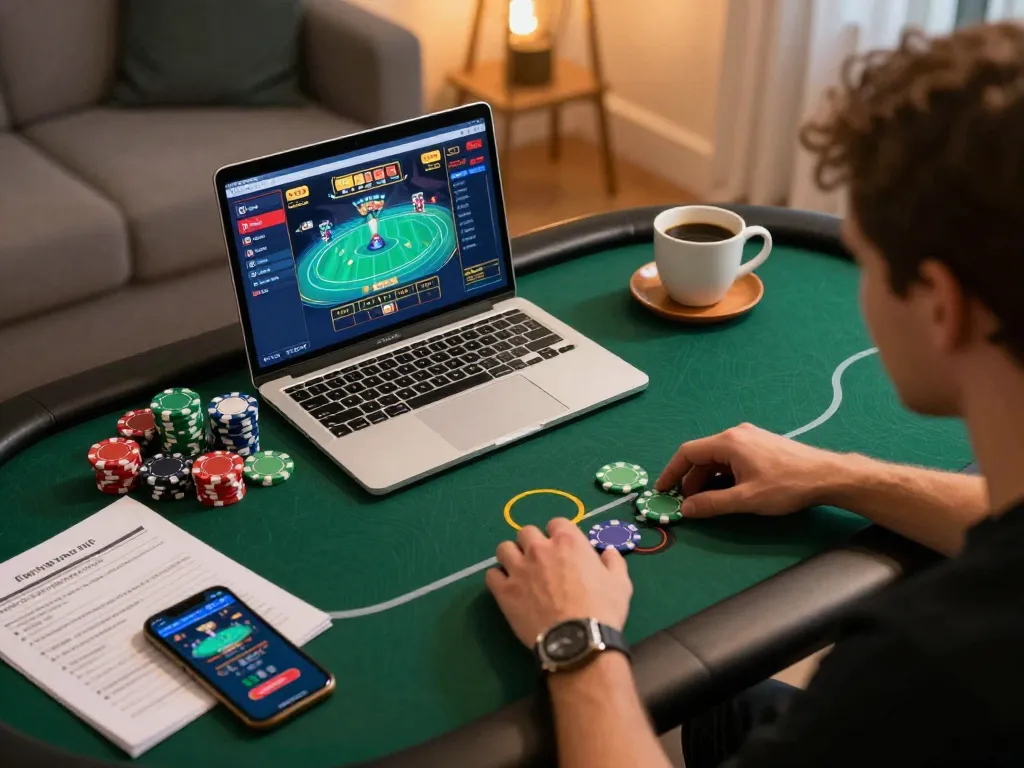 Sun Win online poker gameplay showcasing vibrant interface and strategy notes in cozy setting.