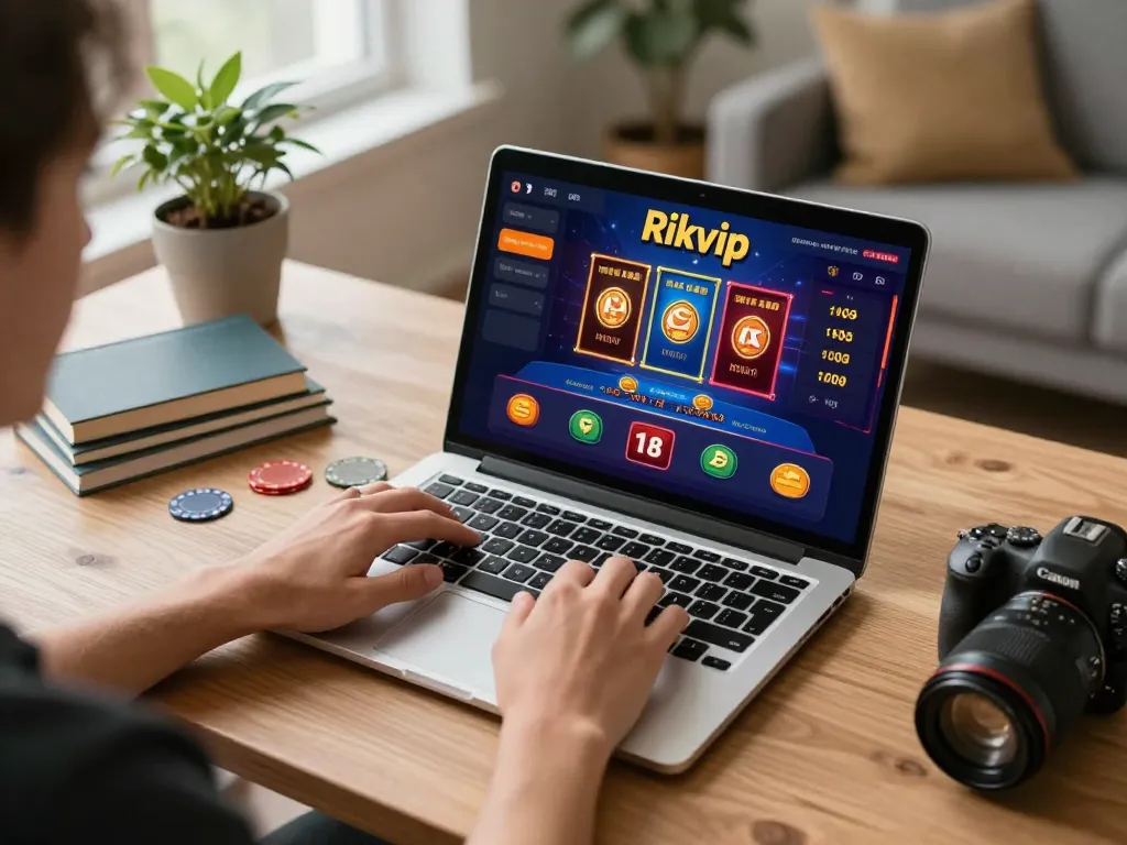 Player engaged in online gambling with rikvip interface, laptops and strategy notes at home.