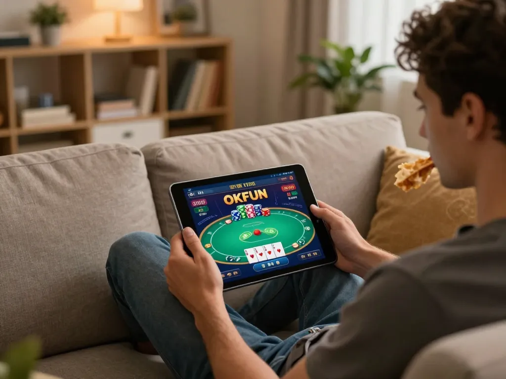 Player enjoying an OKFUN online game on a tablet in a cozy home setting, highlighting responsible gambling fun.