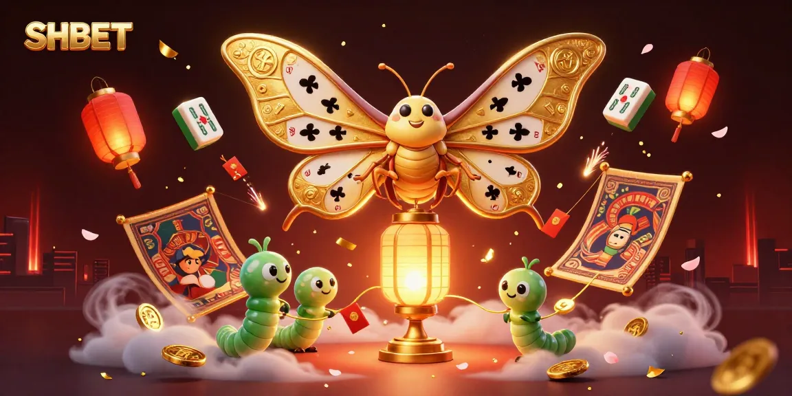 Experience the thrill of SHBET with a vibrant 3D casino scene featuring golden moths and dynamic game elements.