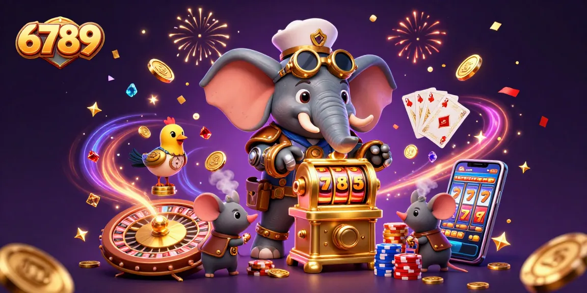 Experience thrilling gameplay with 6789, a lively casino illustration featuring dynamic slot machines and sparkling gems.