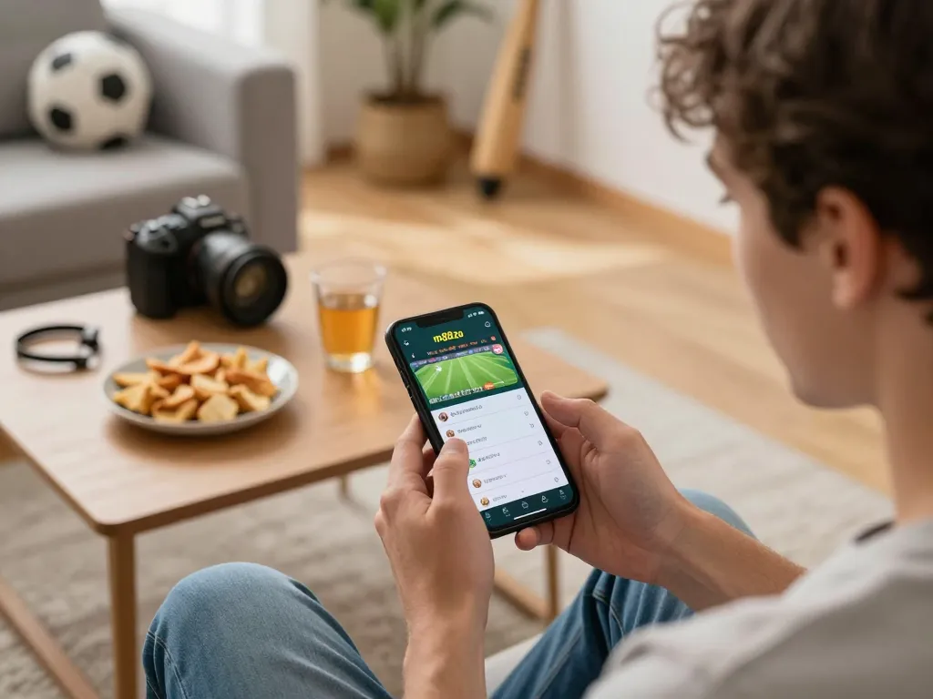 Engaging user utilizing the m88zo betting app on smartphone in a cozy home while enjoying sports.