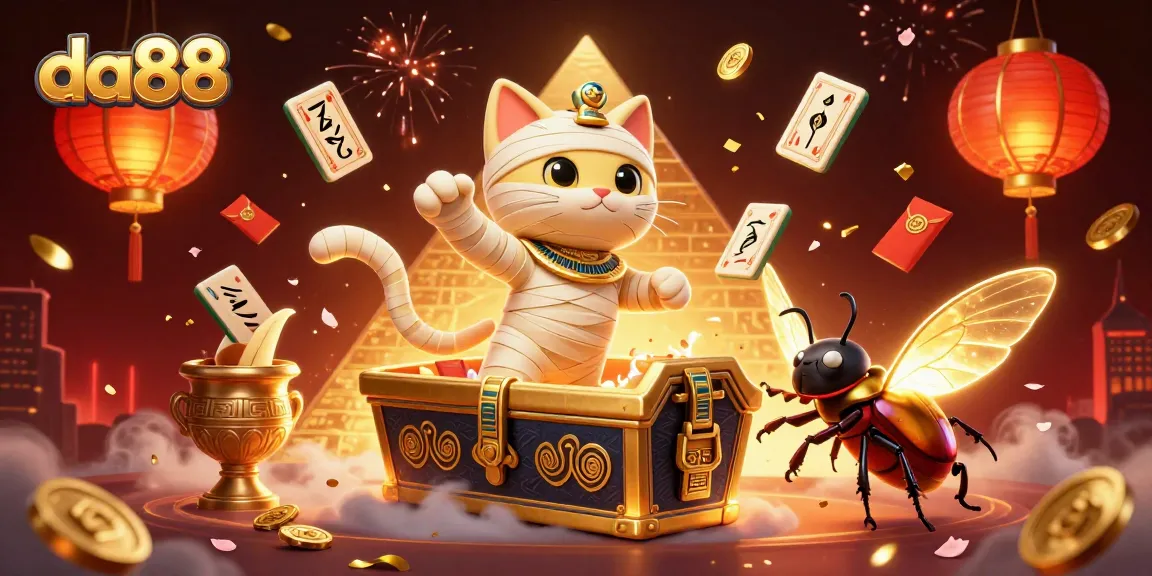 Engage with the thrill of da88 in a vibrant pyramid casino featuring a mummy cat and golden scarab.