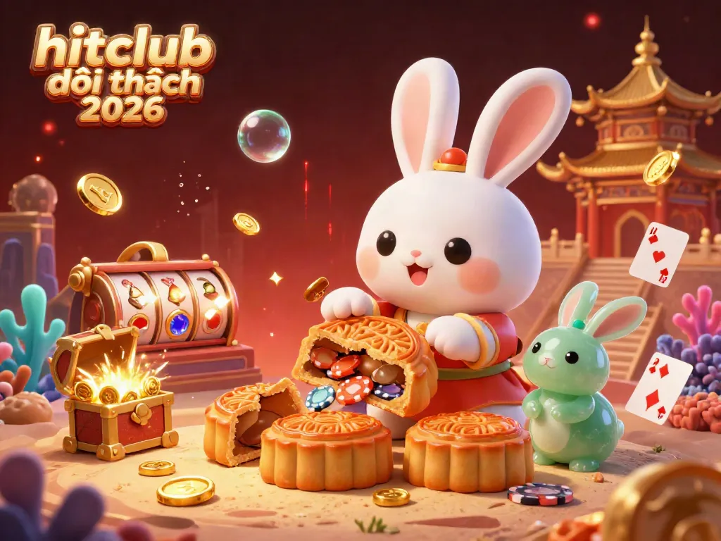 Experience hitclub đổi thưởng 2026 with vibrant moon rabbit characters, casino games like poker, and a luxurious background.