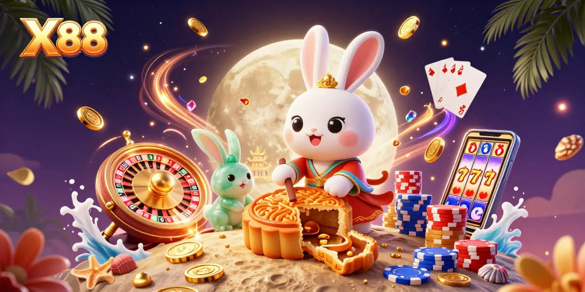 X88 engages players with exciting casino action as moon rabbits reveal poker chips in a vibrant 3D scene.