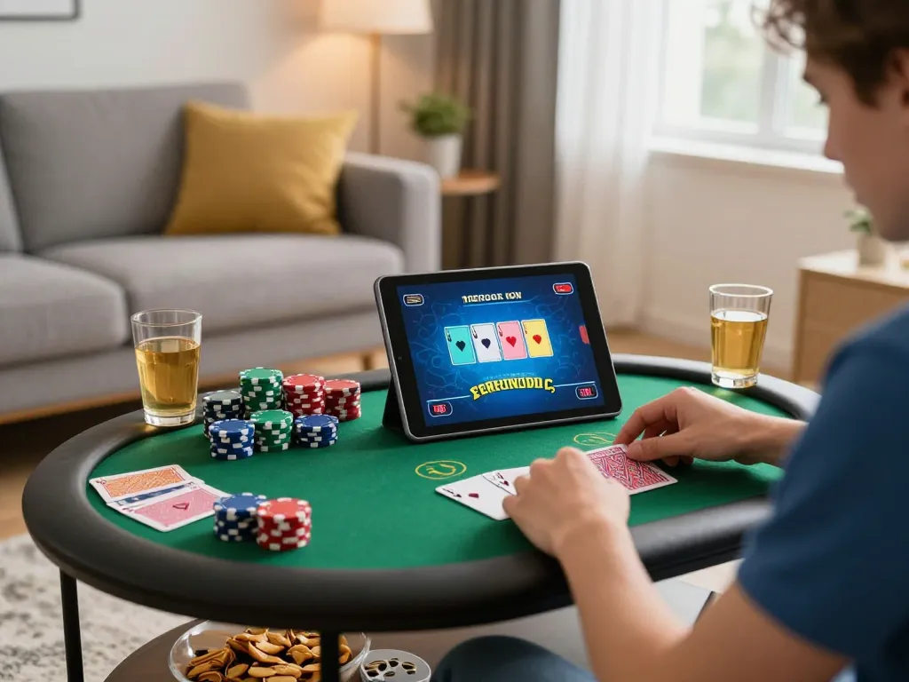 Player strategizing in a cozy home gaming scene on the BL555 online poker platform.