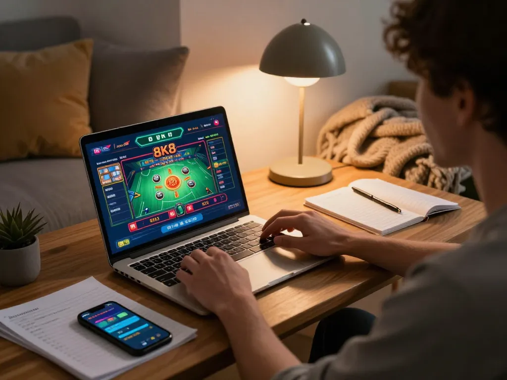 Player enjoying 8K8 casino games online on a laptop in a cozy home setting, with notes and smartphone on the table.