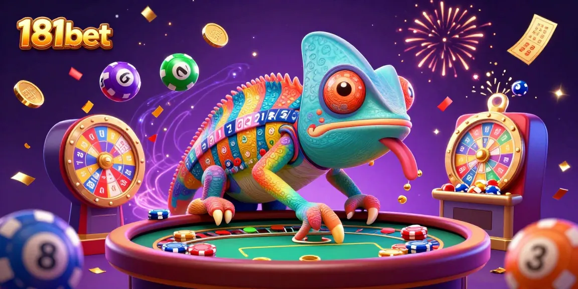Experience the vibrant 181bet casino scene with the colorful chameleon owner and dynamic game elements.