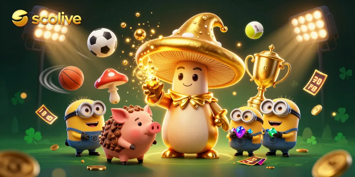 Socolive shows a golden mushroom wizard and truffle pig with dynamic sports elements in a vibrant casino scene.