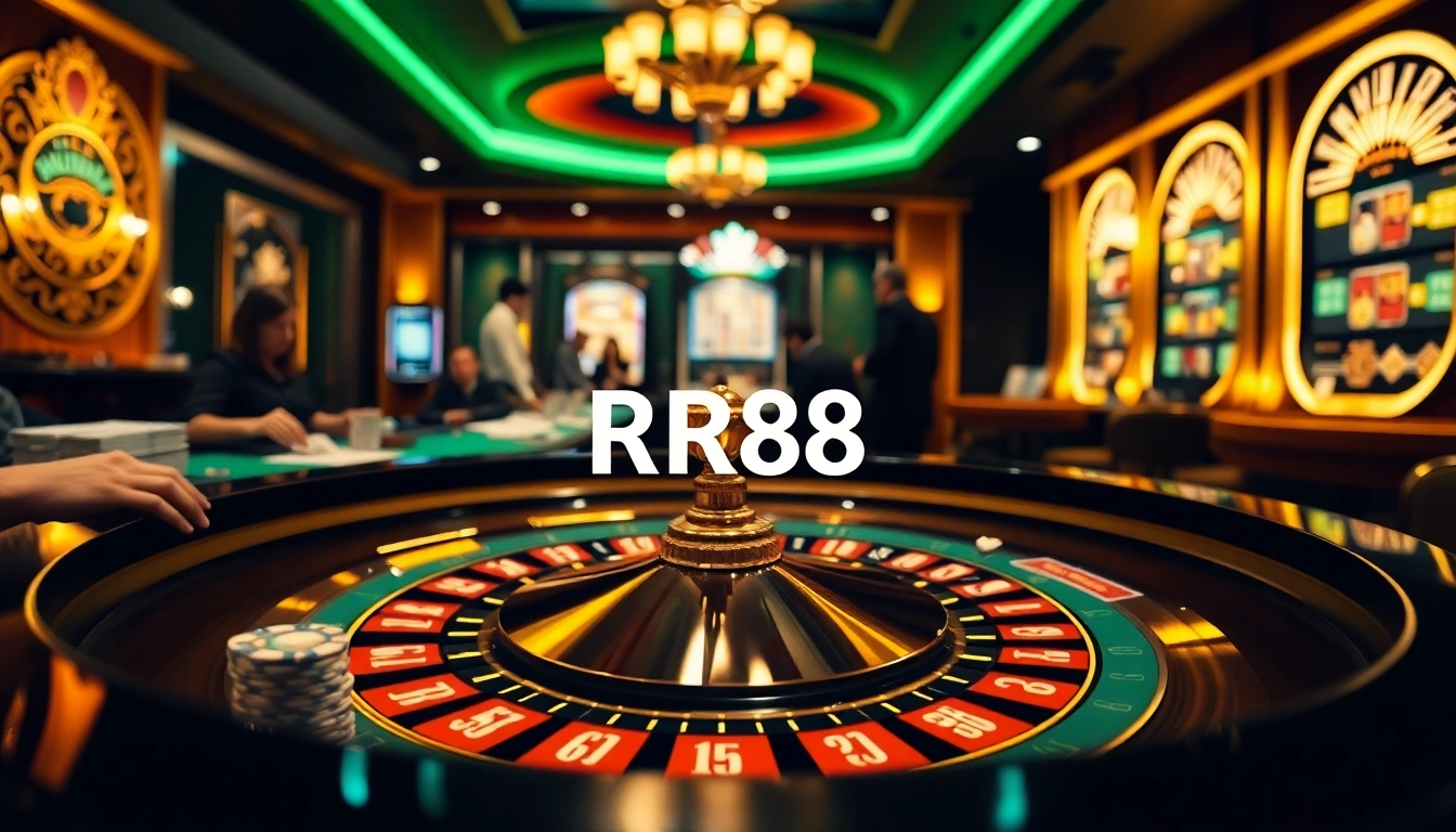 Experience high-stakes excitement at RR88 with a vibrant casino scene of roulette and poker.
