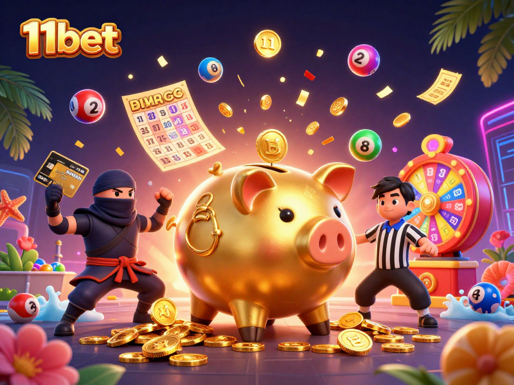 Engage with the exciting world of 11bet through a thrilling 3D casino illustration featuring dynamic gaming elements.