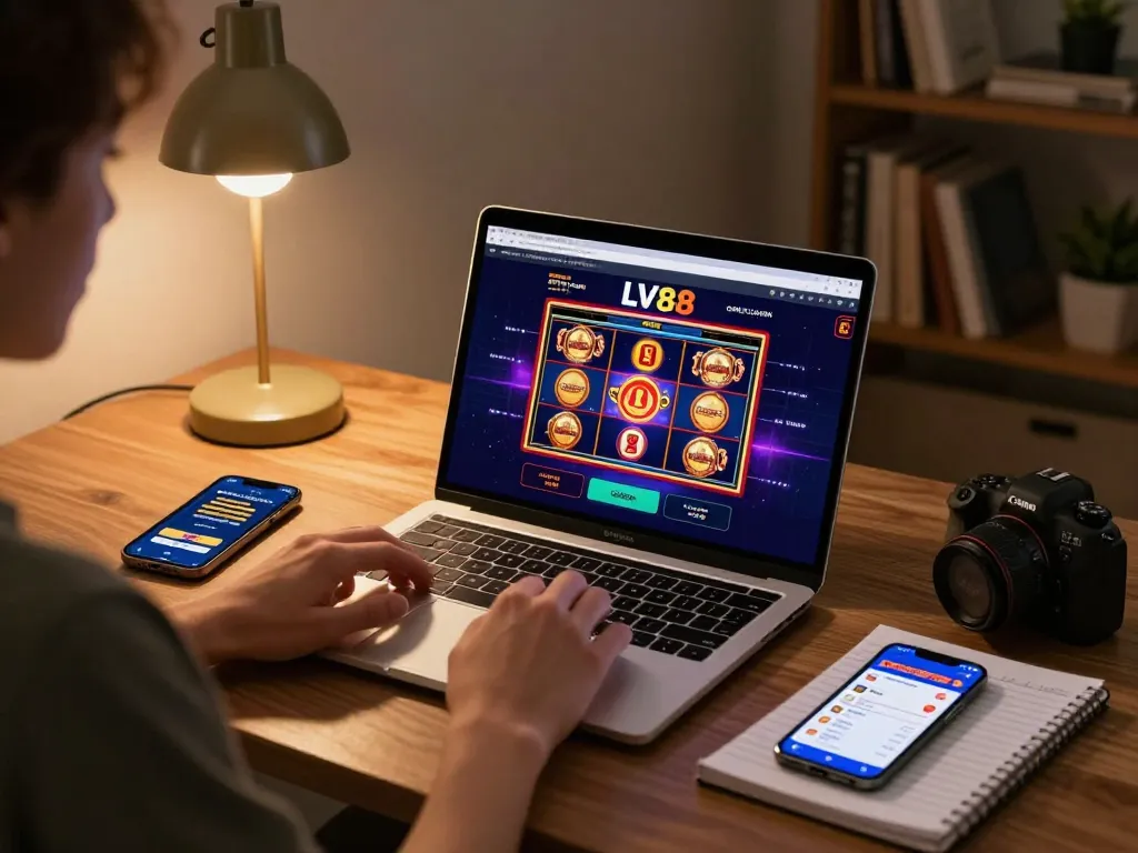 Engaging in LV88 online casino gameplay at home with a cozy setup and strategic insights.