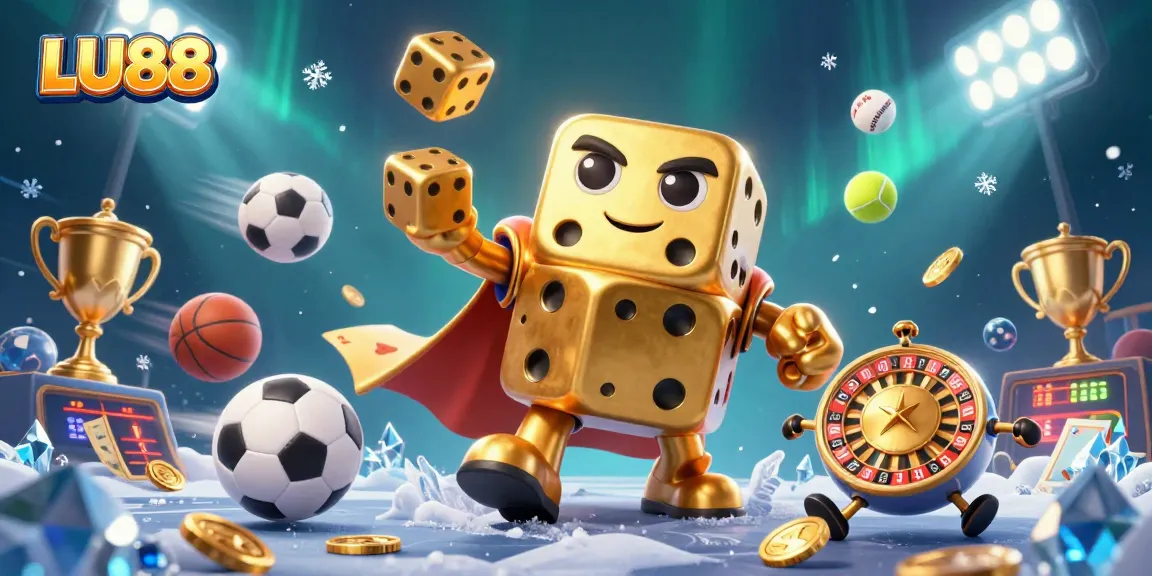 Experience the excitement of LU88 with a dynamic 3D casino illustration showcasing golden dice and sports elements.