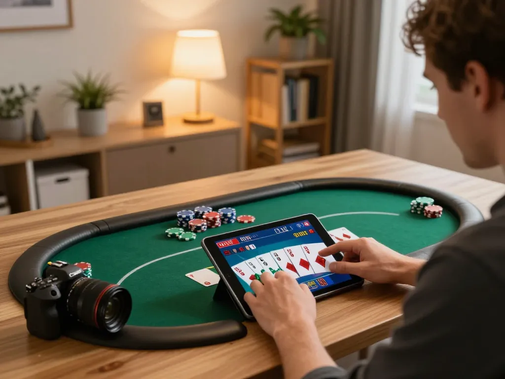 E2bet player enjoying online poker action on a tablet in a cozy home setting.