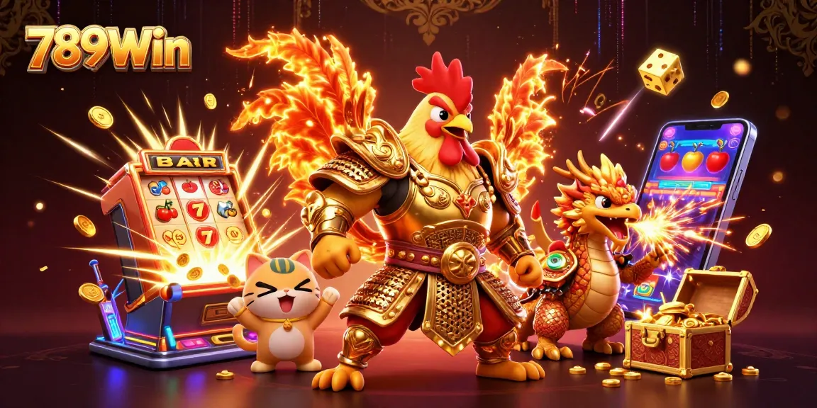 Experience the excitement at 789Win with a thrilling scene of a rooster warrior, dragon, and fortune cat amidst a vibrant casino