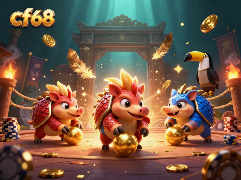 Experience thrilling cf68 action with rival pangolins rolling through poker chips in a vibrant gambling scene.