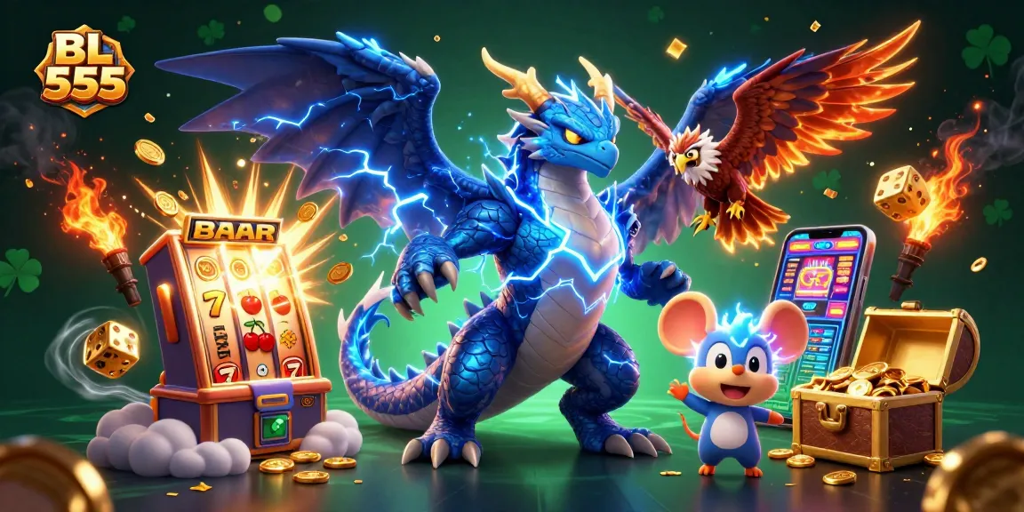 Win big with BL 555 in a vibrant 3D casino scene featuring exciting gaming elements.