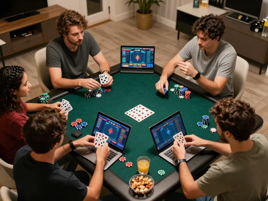 Engaged friends playing poker and using SV368 Link for online gambling strategies.