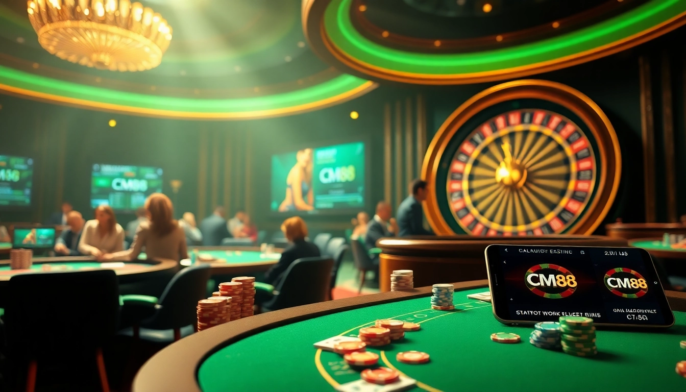 CM88 online casino vibrant scene with players at tables, roulette wheel, and digital technology.