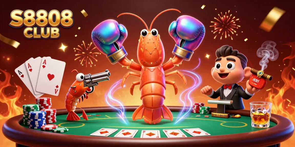 S8808 CLUB showcases a thrilling poker scene with vibrant underwater characters celebrating victory.