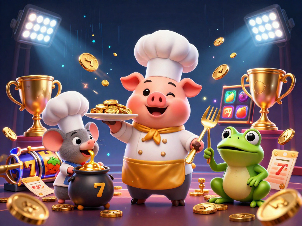 Experience the excitement of สล็อต through vibrant 3D characters savoring golden coins and engaging in thrilling casino elements.