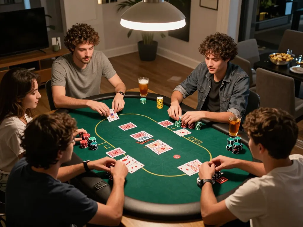 Friends playing poker at home revealing mmlive gaming excitement through chips and cards.