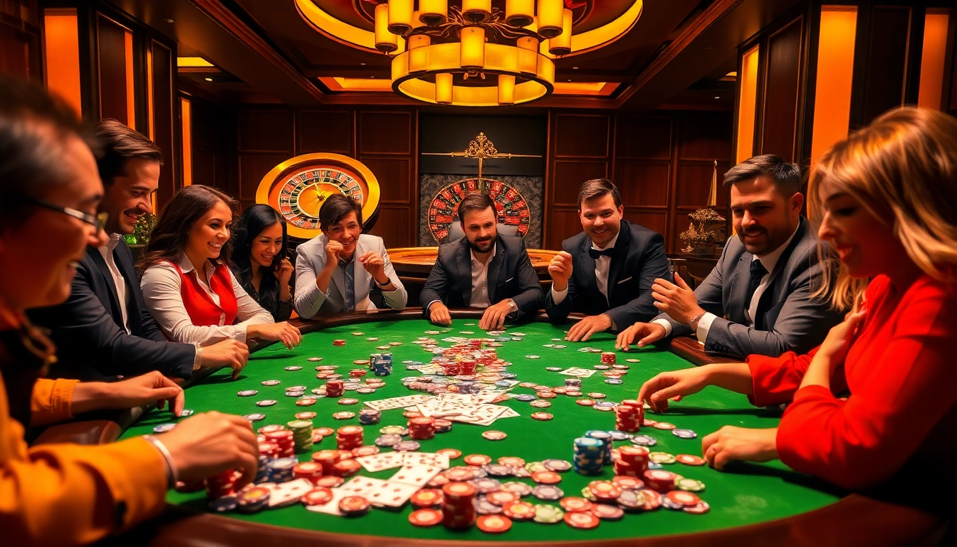 Experience the excitement at nhà cái mm88 with players gambling at a high-stakes poker table surrounded by vibrant cards and chips.