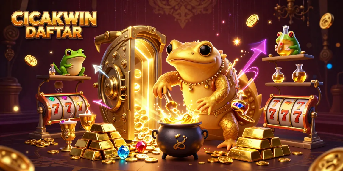 CICAKWIN DAFTAR showcases a golden salamander alchemist turning metals into gold coins amidst dynamic casino elements.
