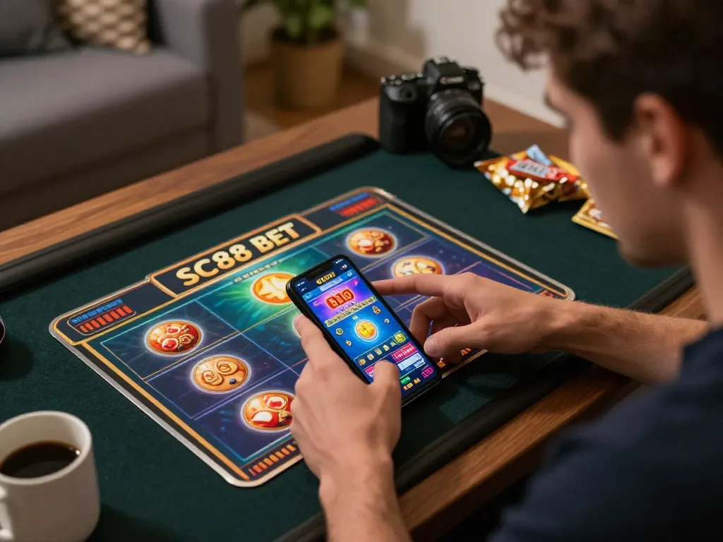 Player strategizing during SC88 BET online casino gaming session on smartphone, showcasing vibrant game interface