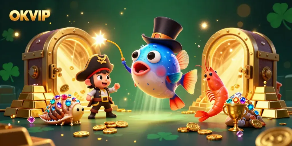 OKVIP showcases a vibrant animated scene with anglerfish attracting coins, perfect for online casino visuals.