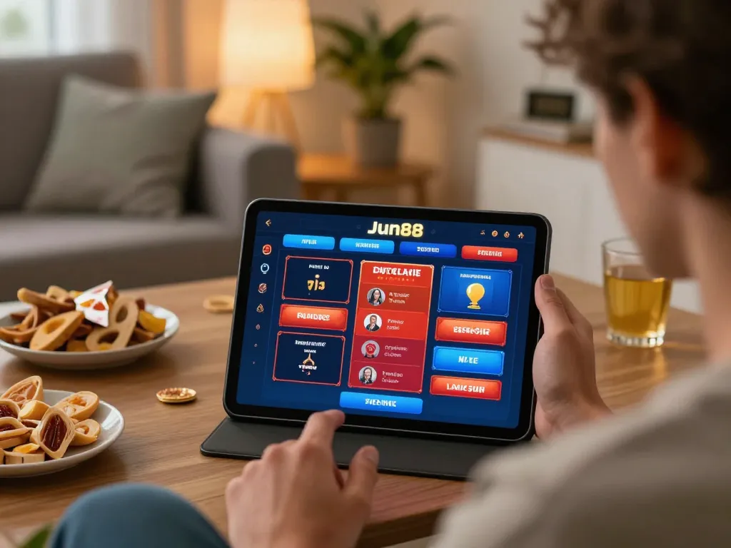 Engaging with the Jun88 casino app during responsible online gambling session at home.