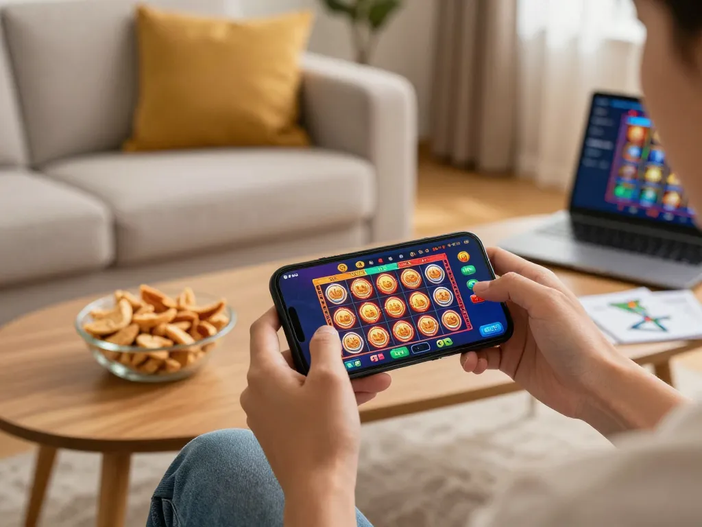 Engaging in mobile play with a smartphone displaying exciting casino games in a cozy home setting