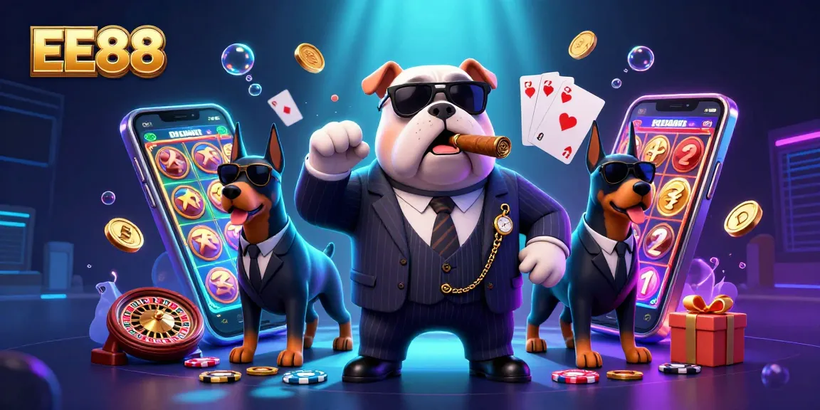 Engage with EE88's vibrant casino scene featuring a boss bulldog and bodyguards, excitement all around.