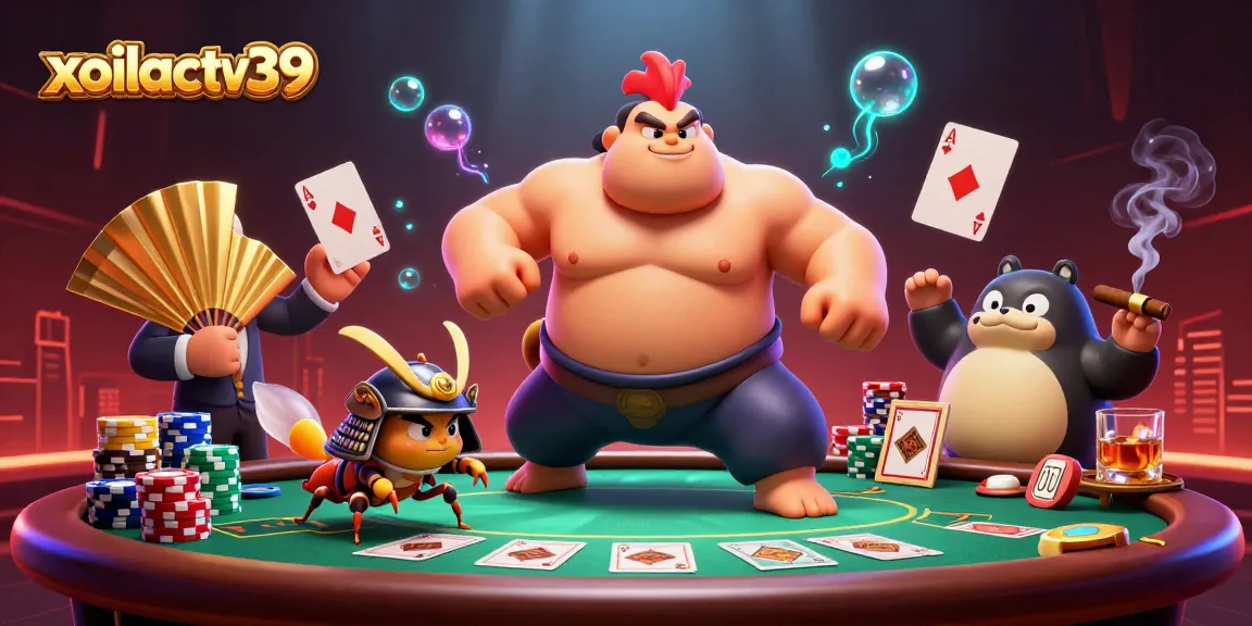 Experience the excitement of xoilactv39 as a powerful sumo wrestler rooster stomps during a thrilling poker showdown.