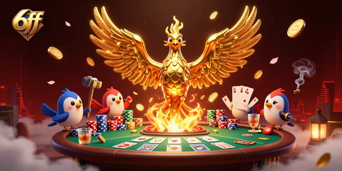 Engage in thrilling 6ff poker action with golden phoenix and molten gold coins in a dynamic casino scene.