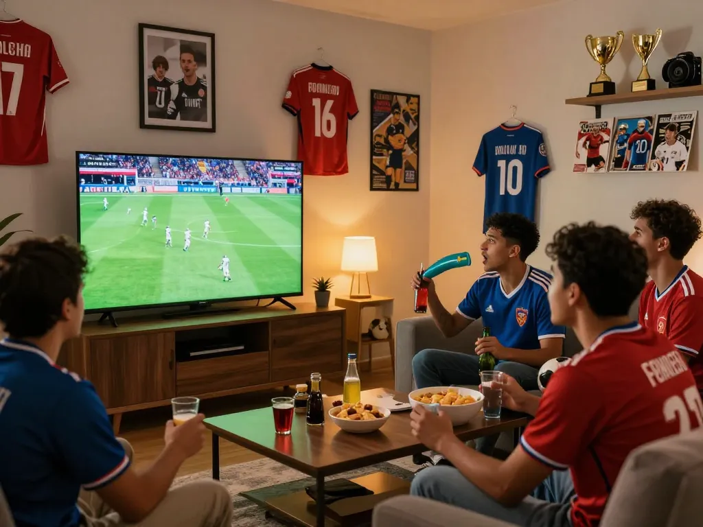 Xoilac fan enjoying live soccer streams in a cozy living room with friends.