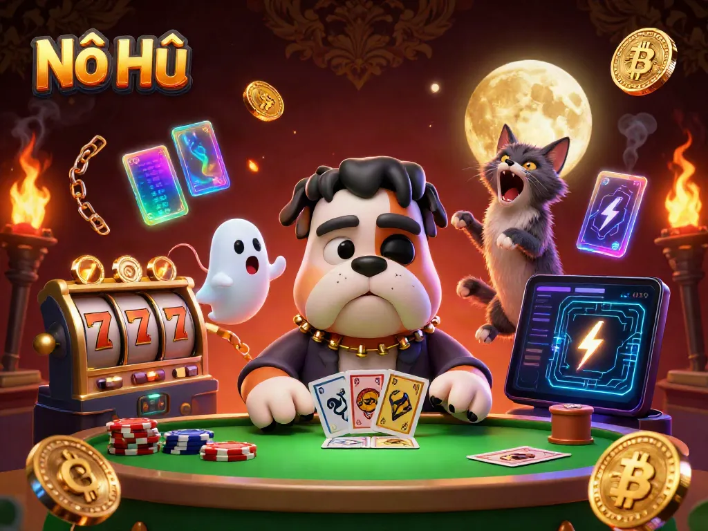 Nổ Hũ offers a thrilling casino atmosphere featuring a bulldog dealer, golden moon, and vibrant game elements.