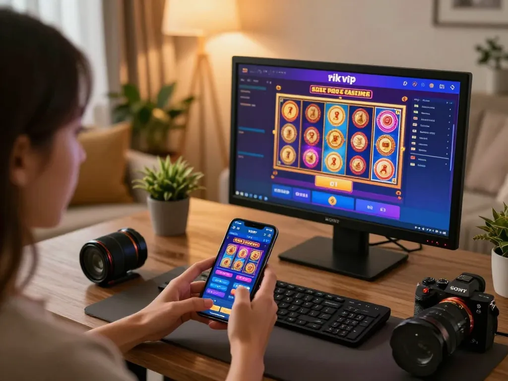 Engaging in rik vip mobile casino gaming with vibrant slot screen displayed