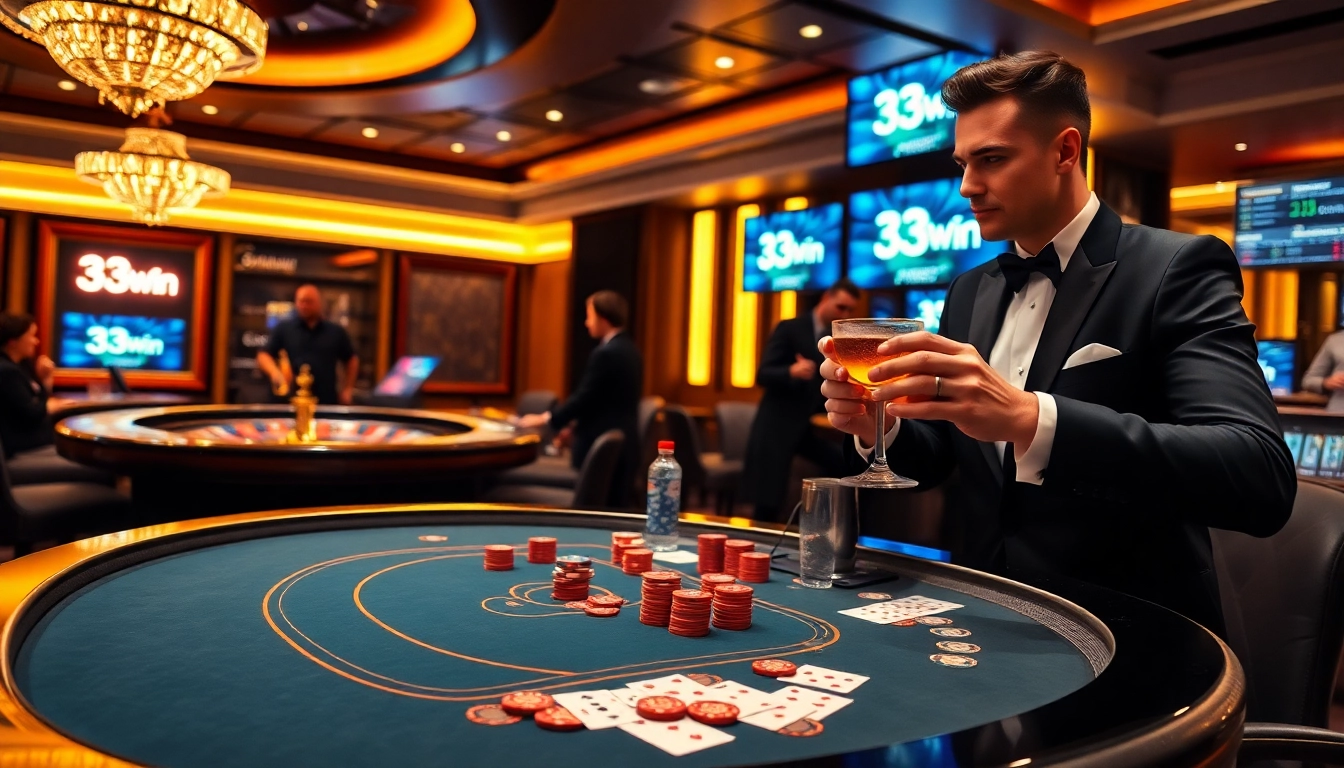 Exciting poker action at 33Win's luxurious casino table with vibrant chips and cards.