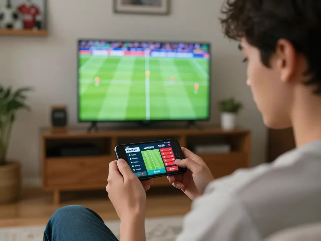 Following live scores on Nowgoal while enjoying a football match at home, showcasing excitement and engagement.