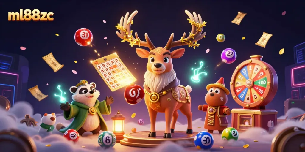 Engage in gaming excitement with ml88zc, showcasing vibrant lottery elements and mystical characters.