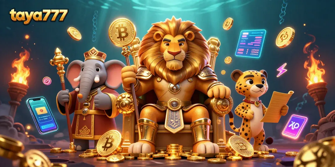 Taya777 brings gaming excitement with a lion king on a coin throne, surrounded by crypto elements and vibrant casino graphics.