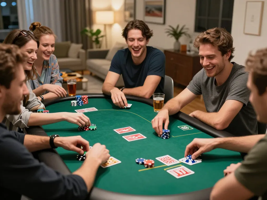 Những người bạn tham gia trò chơi poker vui vẻ tại nhà, kỷ niệm các chương trình khuyến mãi và chiến lược của KO66.