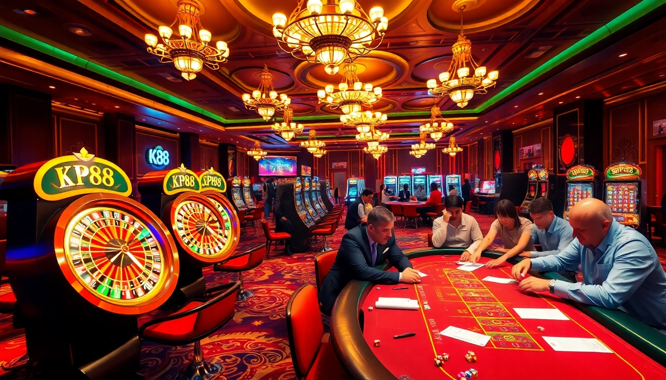 Excited players engaging in casino games, showcasing KP88 branding and vibrant slot machines.