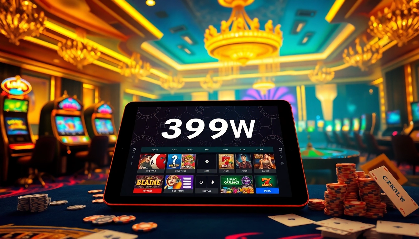 Engage with the thrilling world of 399W's digital casino featuring vibrant slot machines and poker tables.