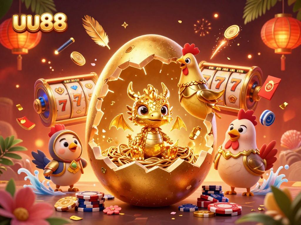 Experience uu88's thrilling gaming as golden treasures and vibrant slot reels merge in a dynamic scene.