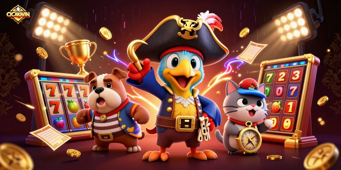 CICAKWIN slots jackpot celebration with a 3D pirate, bulldog, and cat characters amid dynamic gaming elements.