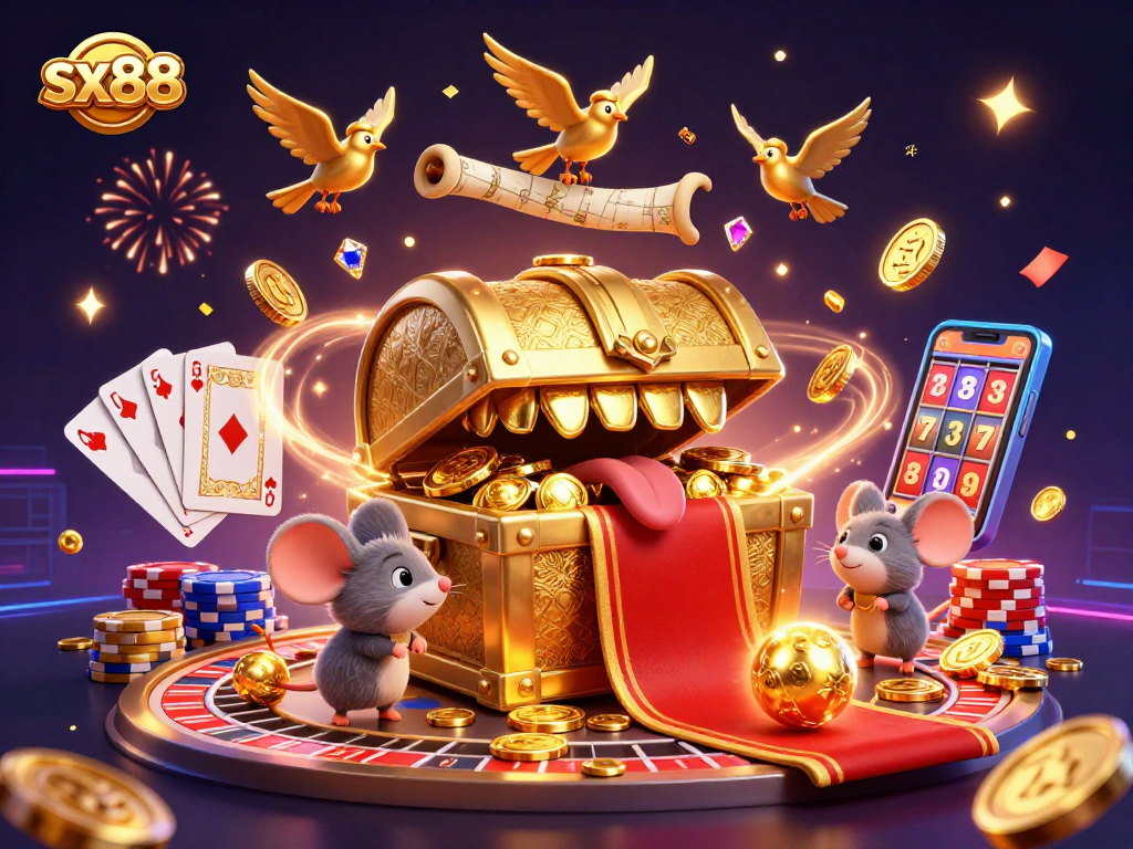 Engaging players at sx88 with a vibrant casino scene filled with treasures, games, and excitement.